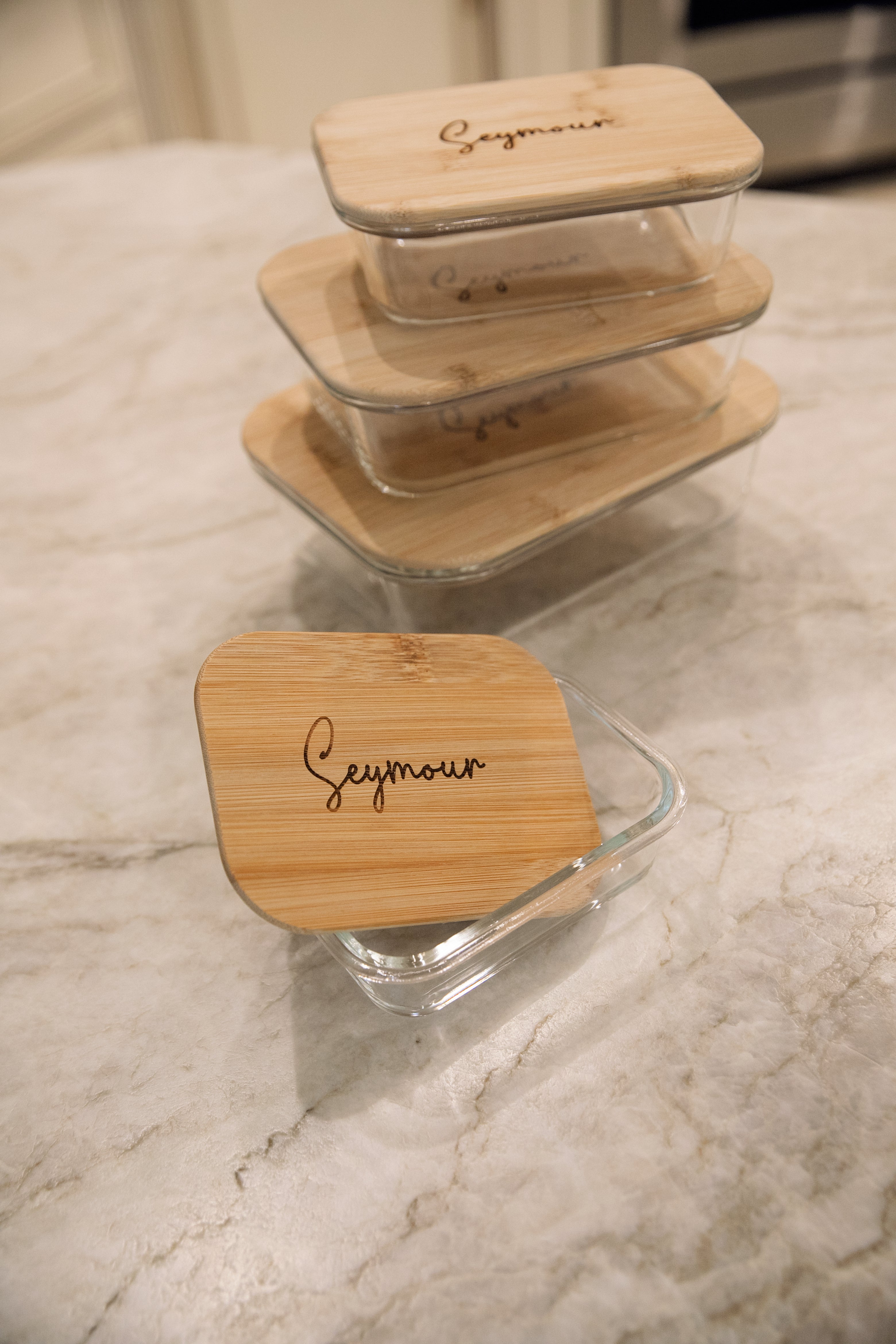 Set of Personalized Glass Containers with Bamboo Lids